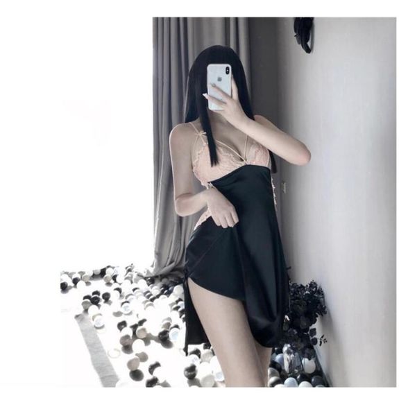 

women's sleepwear women v-neck lingerie flower lace perspective temptation sling nightgown onepiece dress thong for female, Black;red