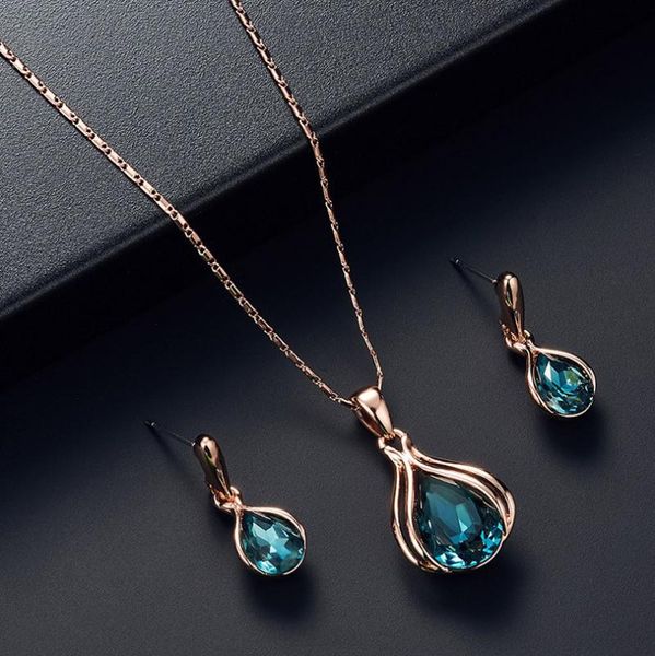

chains fashion romantic women blue green water drop necklace earrings set ornaments lovers birthday gift souvenir, Silver