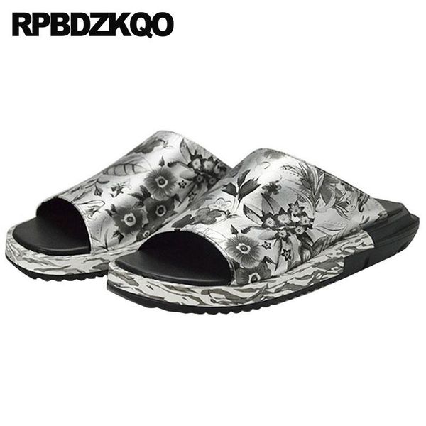 

sandals genuine leather silver size 45 slides plus large 2021 designer shoes men slippers slip on 46, Black