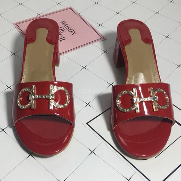 

slippers patent leather summer women chunky high heels peep toe rhinestone metal decor fashion sandals, Black