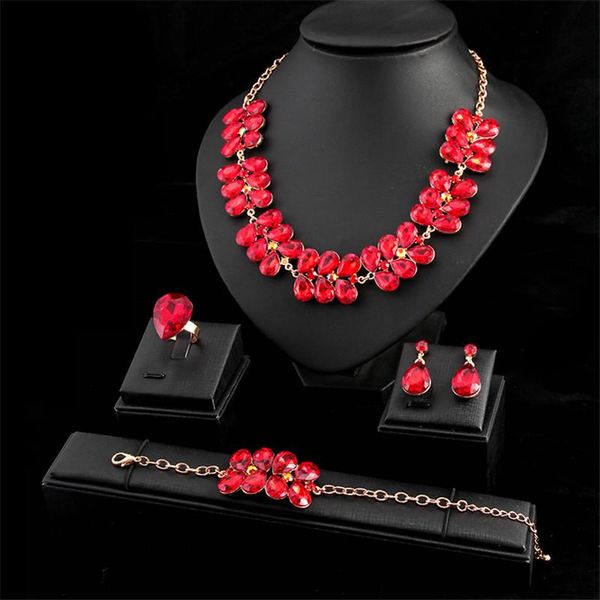 

earrings & necklace vintage female crystal jewelry set charm gold color wedding water drop for women bridal geometry chain 4pcs, Silver