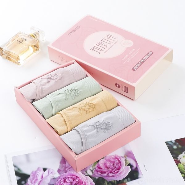 

r9hh traceless cotton girl seamless middle waist embroidered rose solid women's underwear briefs boxed women's traceless cotton un, Red;black