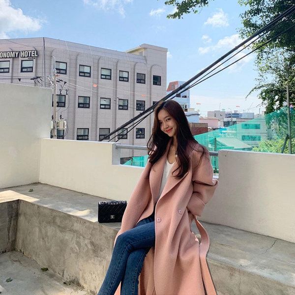 

women's wool & blends qiu dong female tender years cloth cashmere double loose the 2021 high-end long pink coat, Black