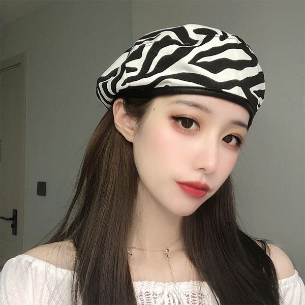 

great fashion ~ zebra beret women autumn winter designer casual versatile ins super fire pu leather bag edge painter hat, Blue;gray
