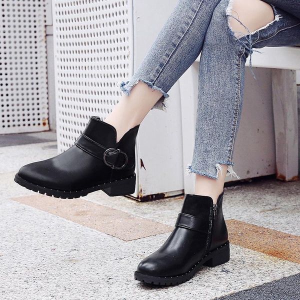 

boots fashion women buckle thick bottom autumn winter ankle female pu leather round toe 35-40 2021, Black