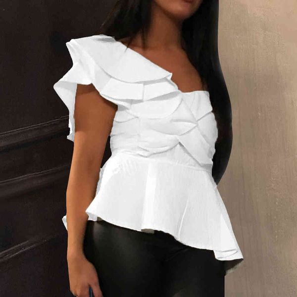 

women's knits & tees one shoulder party white layer ruffles blouse summer wear shirt with zipper chemisier femme blusas