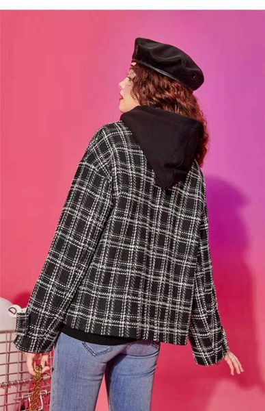 

women's swimwear woolen coat female winter short loose plaid jacket, White;black