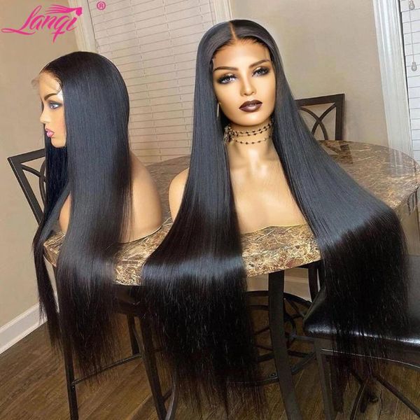 

lace wigs lanqi brazilian long human hair wig 28 30 32 34 36 inch bone straight front for women 4x4 closure, Black;brown