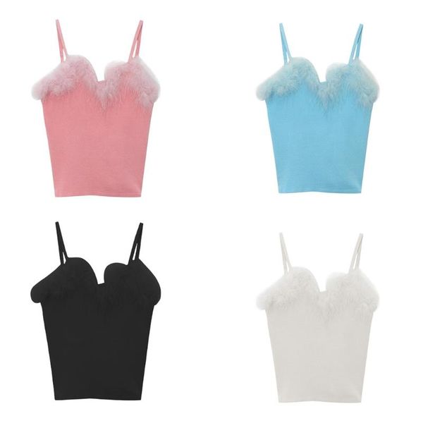 

yoga outfit womens faux fur feather trim camisole knitting spaghetti strap slim tank solid color fluffy layering sling vest