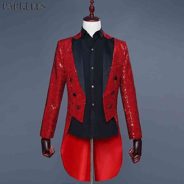 Rosso lucido con paillettes glitter impreziosito giacca da smoking da uomo discoteca DJ festa da sposa frac abiti da uomo cantante di scena Costume Homme 210522