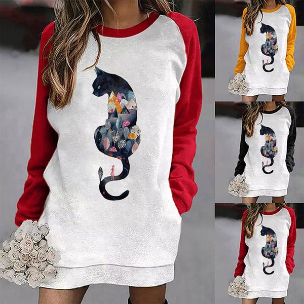 

casual dresses women's collision color dress kawaii cat print o-neck pocket sweater long sleeve mini women vestidos, Black;gray