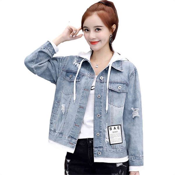 

women's jackets fashion short jean jacket ladies hooded spring autumn long sleeve splice letter denim coat loose outerwear women c, Black;brown