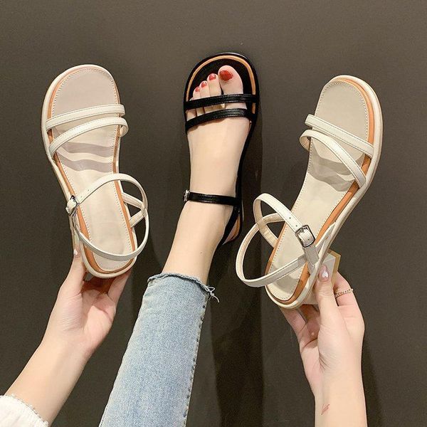 

sandals fashion women ankle buckle heel roman female summer strap gladiator shoes girls low heels comfort beige flat black white
