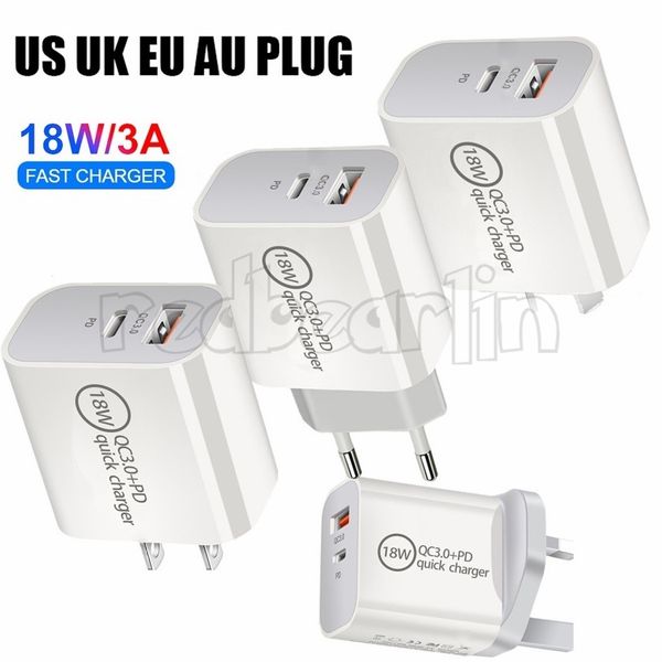 Schnelle Geschwindigkeit Schnellladung Eu US UK Au 18W Typ C QC3.0 Wandladegerät Adapter für Samsung S8 S9 S10 Note 10 Htc Huawei Android Telefon PC