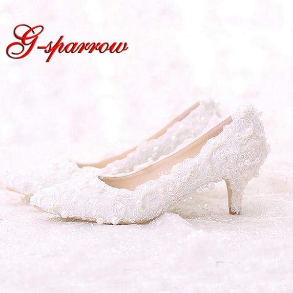 

white sweet lace bride shoes middle heel wedding party dancing pointed toe formal dress woman pumps plus size 40-42, Black