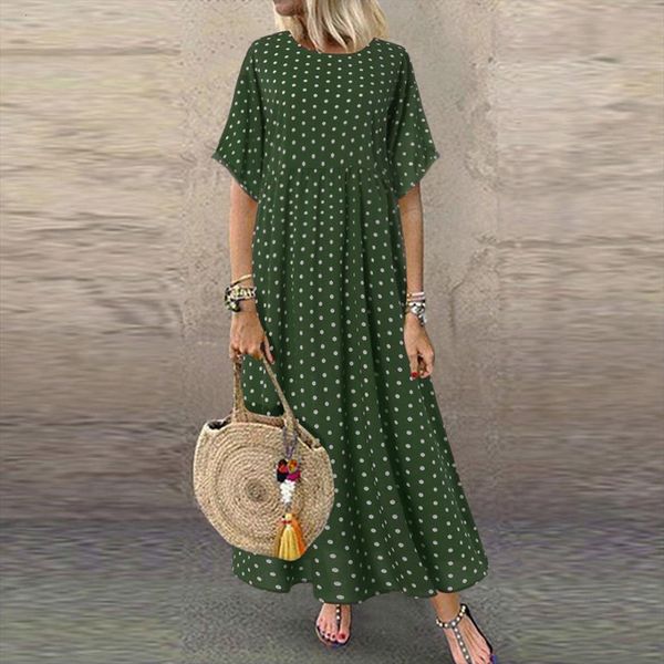 

sundress vintage o neck long women dresses maxi casual dot pinted summer beach boho vestidos robe, Black;gray