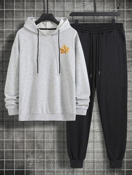 

men maple leaf print drawstring hoodie & sweatpants 01jv#, Gray