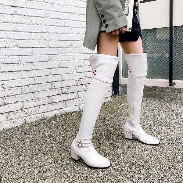 

boots fashion white black block high heels over the knee buckle strap long knight riding female shoes winter 2021