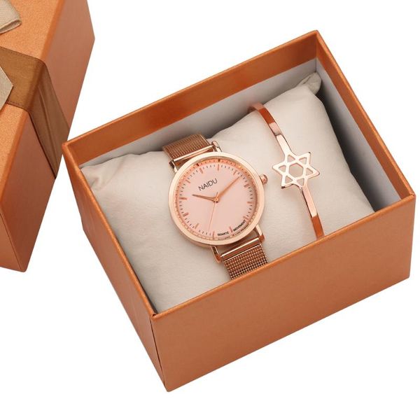 

wristwatches ladies watch bracelet gift set modern quartz clock female wrist watches rose gold dial mesh strap bracelets gifts box for women, Slivery;brown