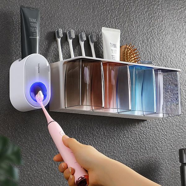 

automatic toothpaste dispenser dust-proof toothbrush holder wall mount stand bathroom accessories set squeezers bath accessory