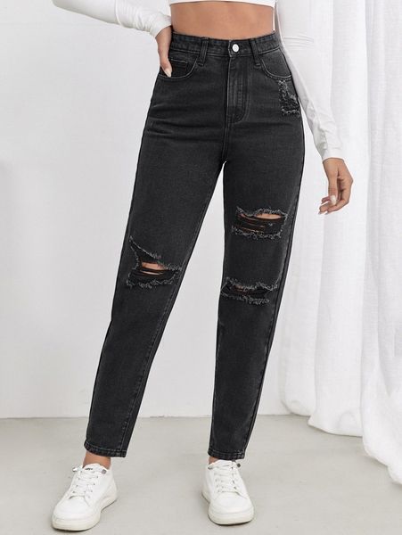 

ripped detail mom jeans p46y#, Blue