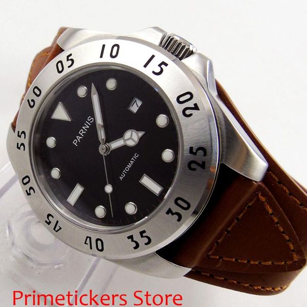 

43mm black dial automatic movement date leather strap sapphire glass mena watch wristwatches, Slivery;brown