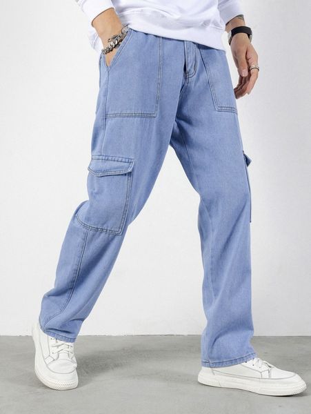 

men contrast stitching cargo jeans g9rc#, Blue