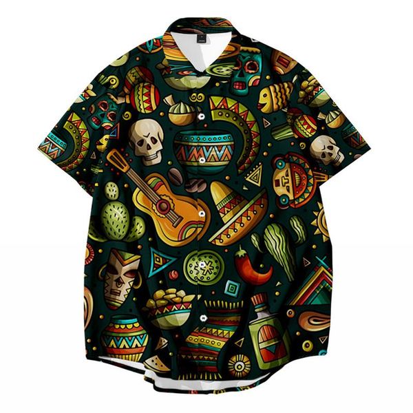 

men's casual shirts guitar skull printed men vintage loose beach shirt summer hawaiian short sleeve oversize 6xl, White;black