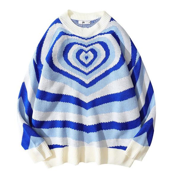 

men's sweaters heart print harajuku sweater hip hop knitted streetwear 2021 men autumn winter cotton casual pullover fashion loose blue, White;black