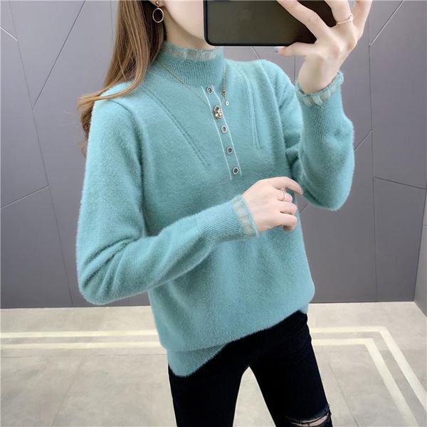 

women's sweaters 175436 room side row no.4 middle] lace stitching plush button pullover sweater 49, White;black