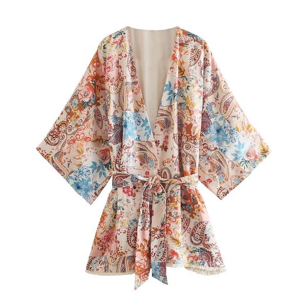 

women's blouses & shirts fashon floral cardigan blouse women spring flare sleeve v neck kimono shirt elegant patchwork loose, White