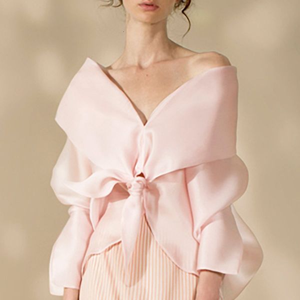 

women's blouses & shirts runway design elegant bow 2021 summer women v collar strapless fashion wild shirt chiffion pink white blouse t