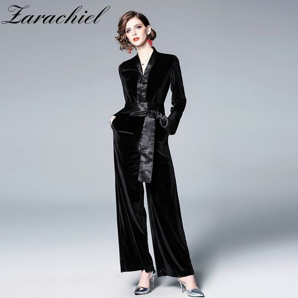 

womens velvet jumpsuit pants v-neck long sleeve high waist bandage playsuit black overalls female work rompers 210416, Black;white