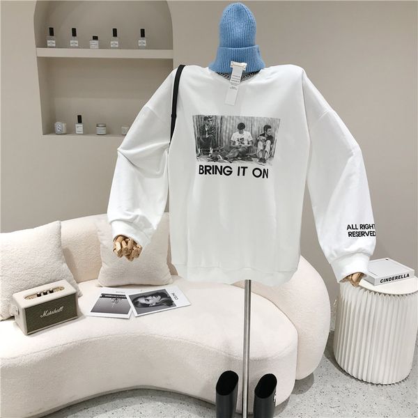 

hoodies spring female summer niche fashion design loose letter printed around the neck sweater, Black