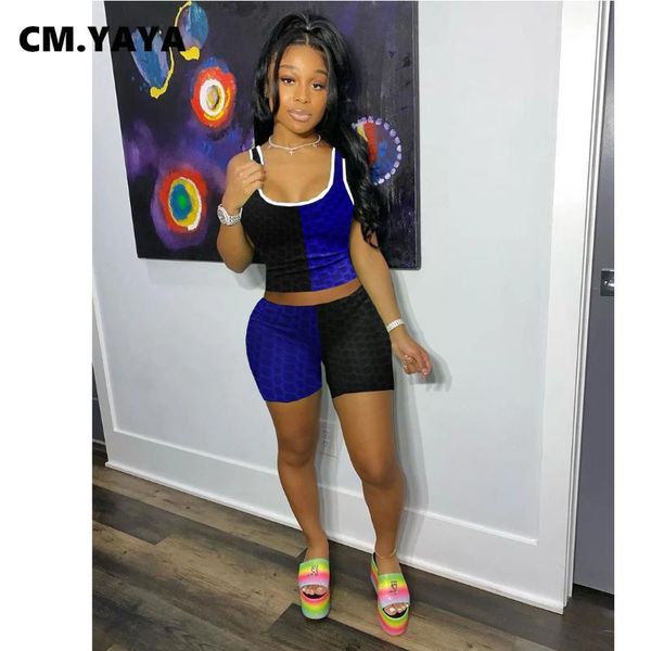 

cm.yaya women set patchwork crop tank elastic sheath shorts two 2 piece fitness tracksuit casual outfit yoga sweatsuit women's tracksu, Gray