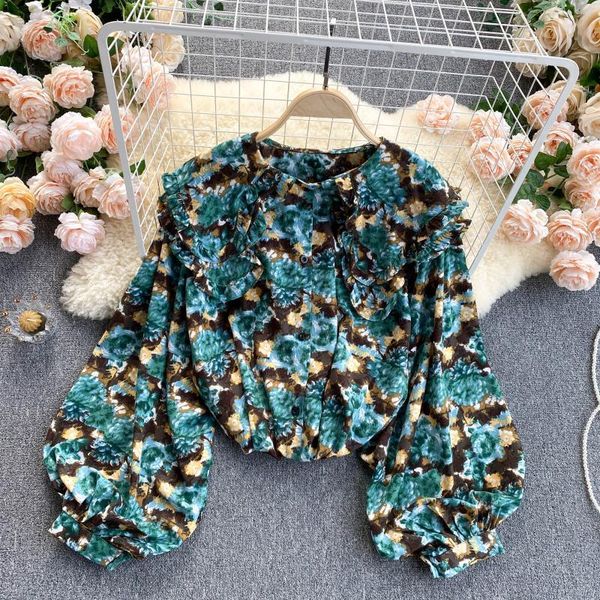 

women's clothing printed long sleeve loose sweet wood ear big lapel shirts lady vintage ropa de mujer korean blouse q868 blouses &, White