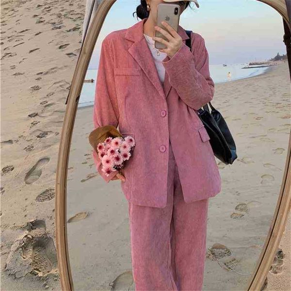 

korean style solid gentle women corduroy blazer office lady loose casual wide-leg pant two piece sets 210525, White