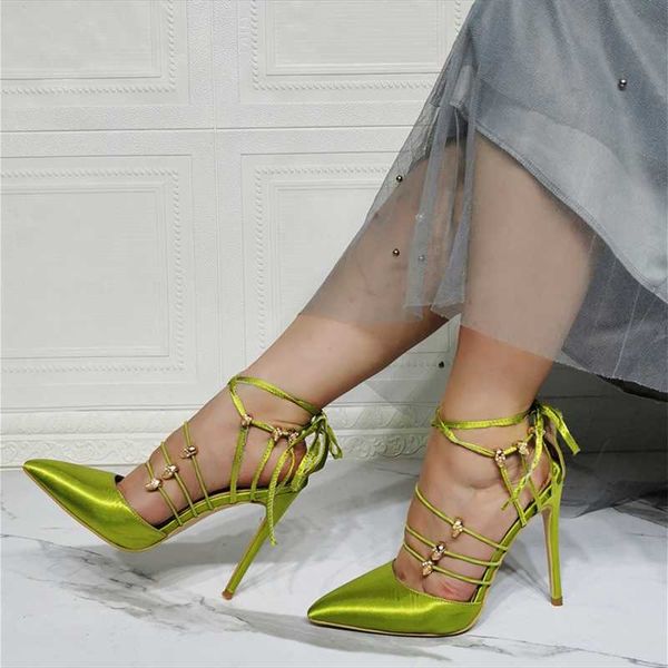 

dress shoes graceful silk surface women summer lace up metal decorate pointed toe high heels green solid office lady big size 47, Black