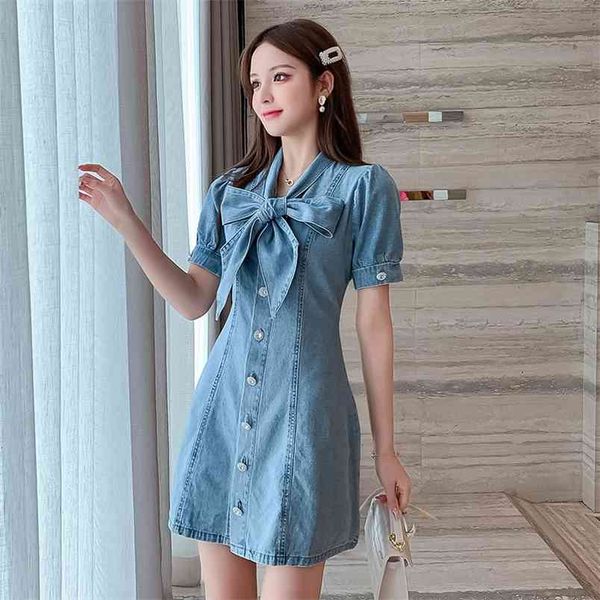 

women denim blue a-line mini dresses bow tie neck elegant high street fashion sweet jeans dress summer arrival robe 210514, Black;gray