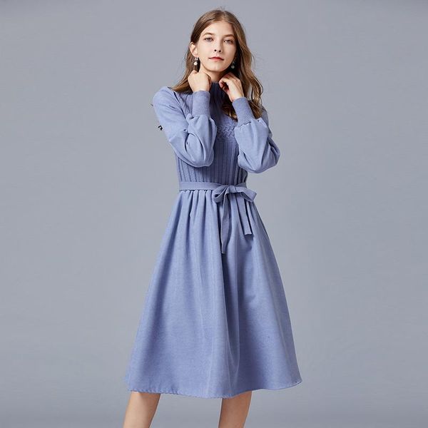

casual dresses women stand collar ball gown fashion autumn winter lantern sleeve patchwork knitting midi dress with belt, Black;gray