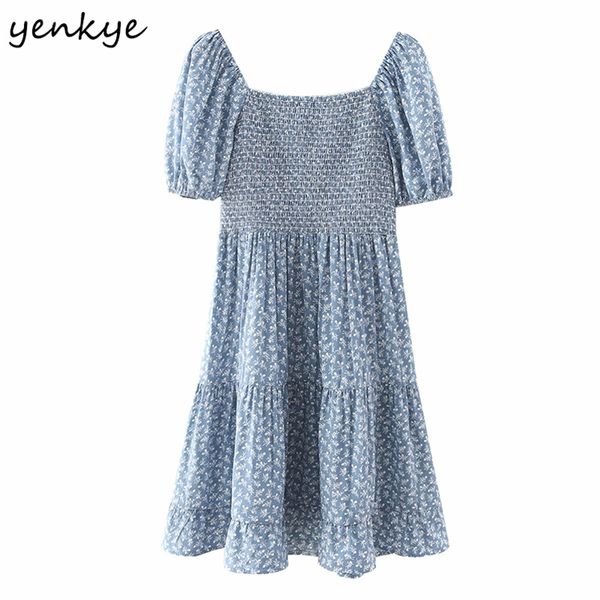 

floral print women dress square neck puff sleeve vestido mujer holiday summer casual short robe 210514, Black;gray
