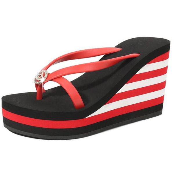 

slippers women platform sandals summer beach shoes thongs stripe rhinestone thick bottom flip flop babouches zapatos de mujer, Black
