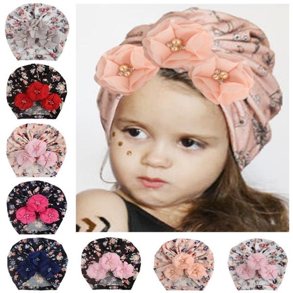 

caps & hats autumn soft cute born baby flower pearl design girls infant hat turban elastic cap arrival, Yellow