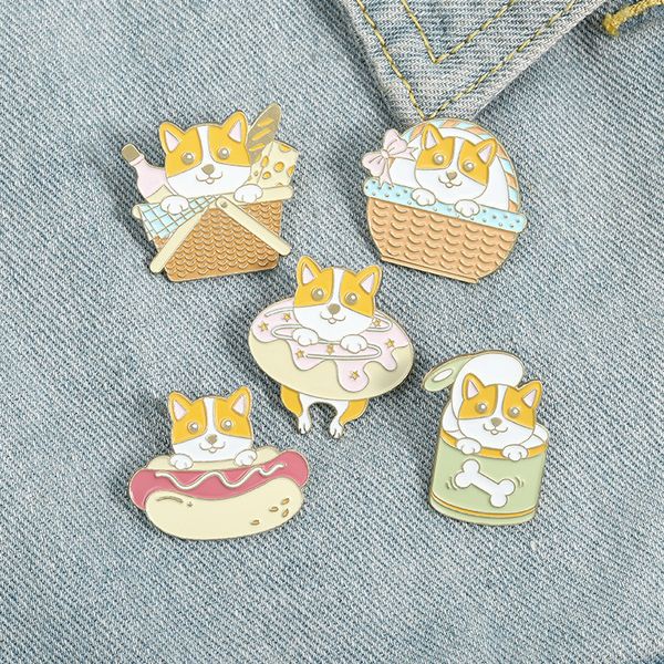 

cartoon puppy swimming ring brooches animal dog basket picnic pins for women men cowboy backpack anti button badge fashion accessories, Gray
