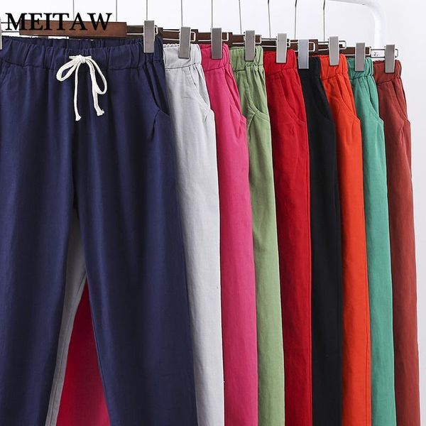 

women's pants & capris women cotton linen trousers 2021 casual high waist harem plus size harajuku drawstring solid elastic, Black;white