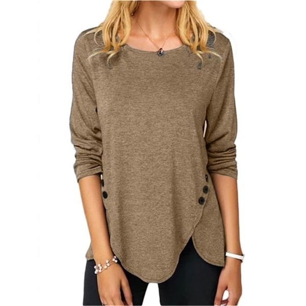 T-shirt con bottoni a maniche lunghe girocollo da donna Tinta unita Pullover irregolare in cotone taglie forti 210330