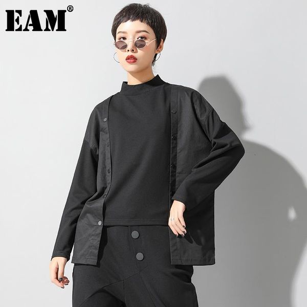 

women's hoodies & sweatshirts [eam] loose fit balck split asymmetrical sweatshirt high collar long sleeve women big size fashion spring, Black
