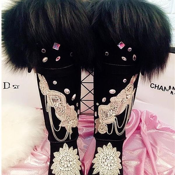 

boots 2021 handmade rhinestone chain over the knee fur one leather oversized long tube increased snow to keep warm, Black