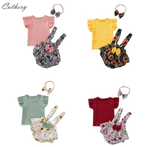 

clothing sets infant baby girl floral suspender shorts outfit ribbed short sleeve t shirts & ruffle bloomers summer clothes, White
