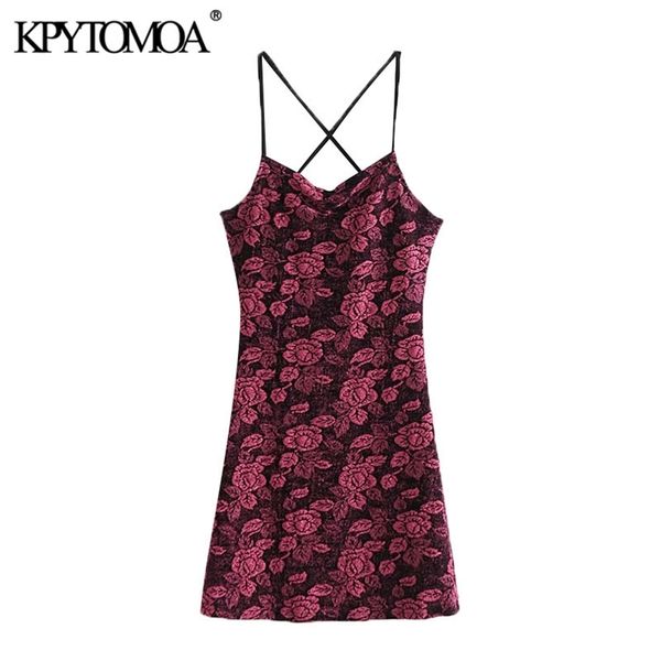 

women fashion floral print velvet mini dress vintage backless cross thin straps female dresses mujer 210420, Black;gray